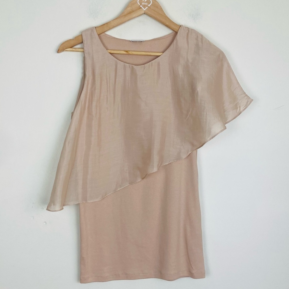 NWT Brunello Cuchinelli tan beige silk one shoulder flounce sleeeveless top. L
